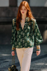 Green Tayla Lace Buttoned Puff Sleeve Blouse