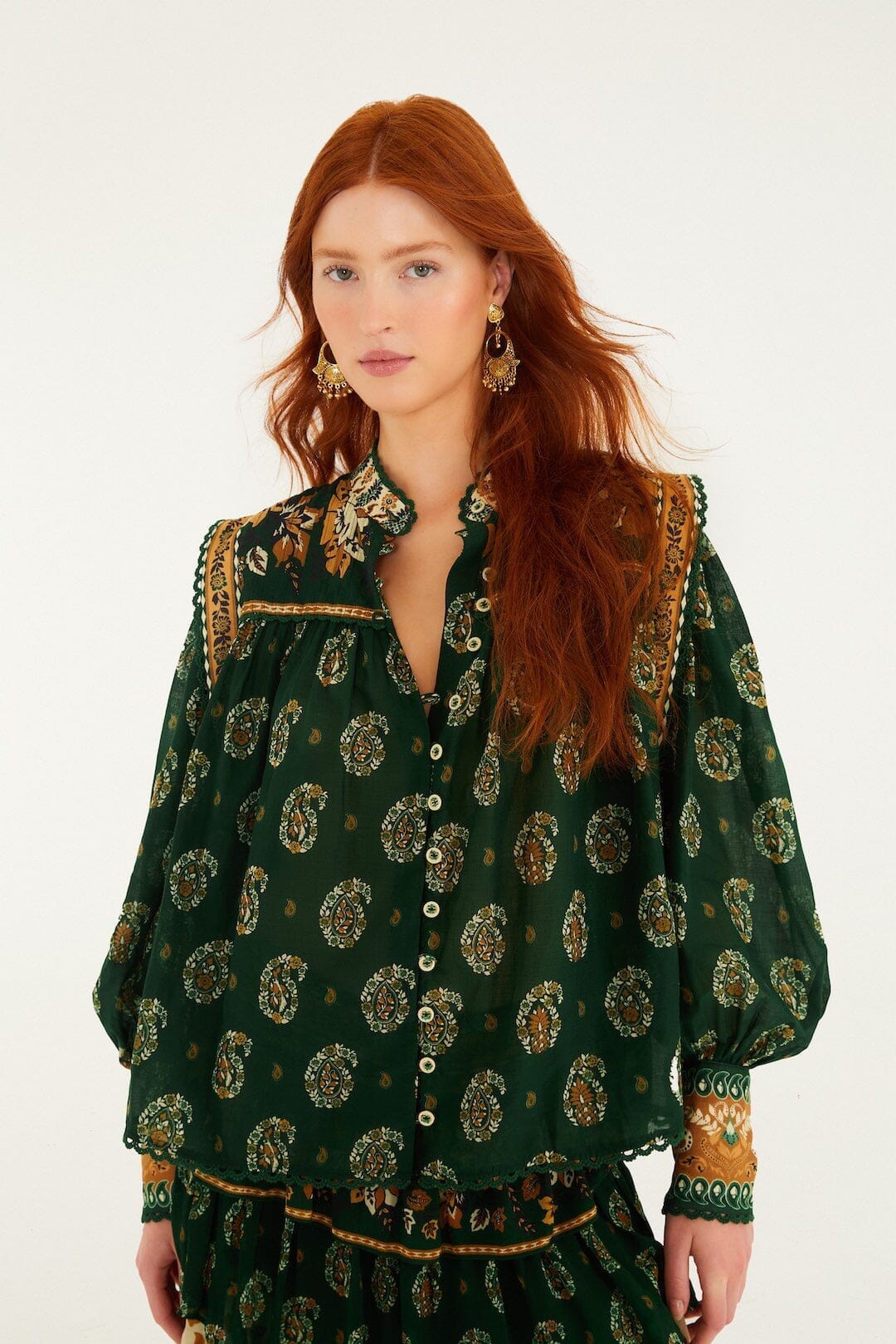 Green Tayla Lace Buttoned Puff Sleeve Blouse