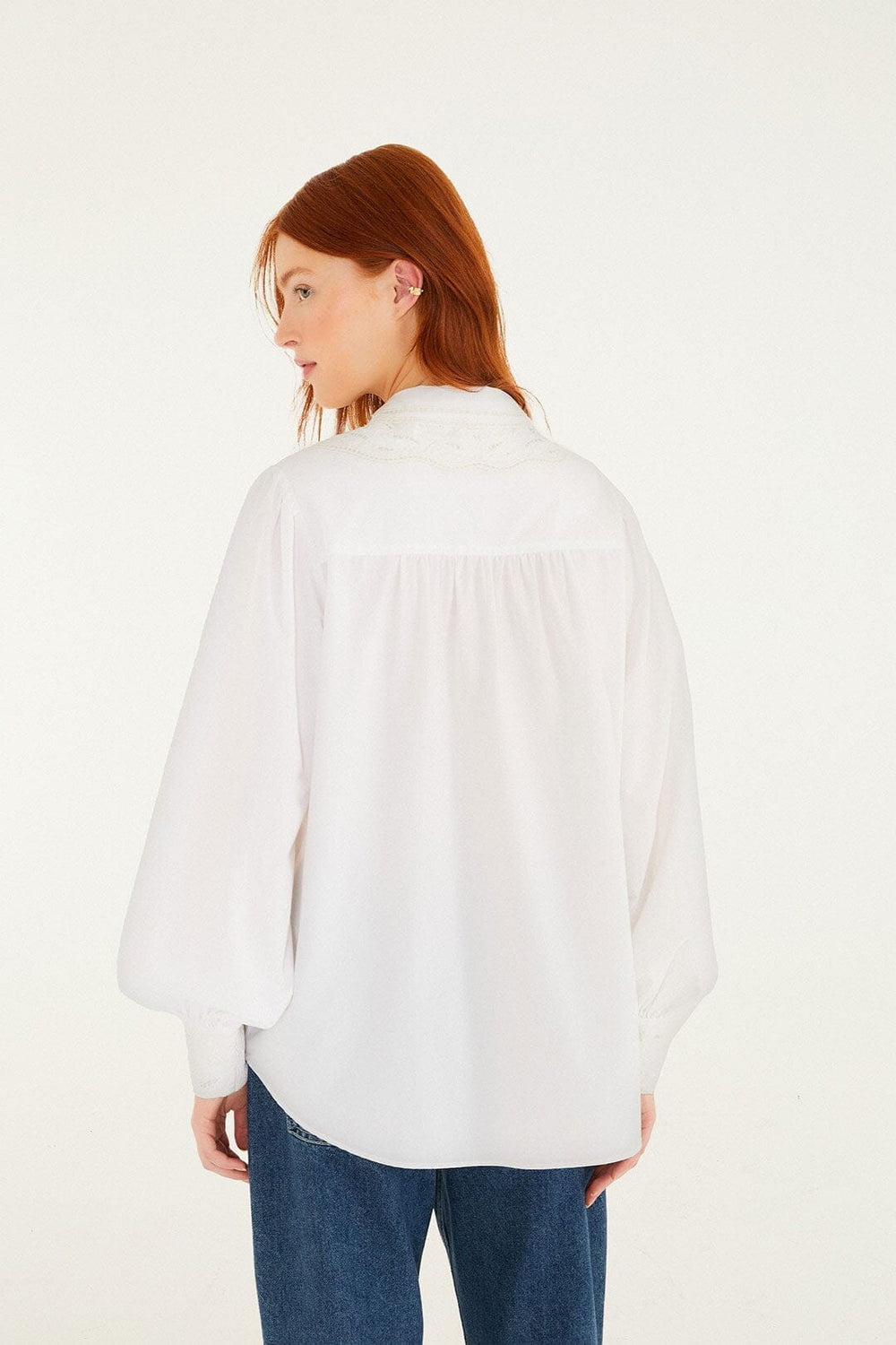 Off-White Embroidered Lace Buttoned Smocked Cuff Shirt