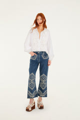 Off-White Embroidered Lace Buttoned Smocked Cuff Shirt