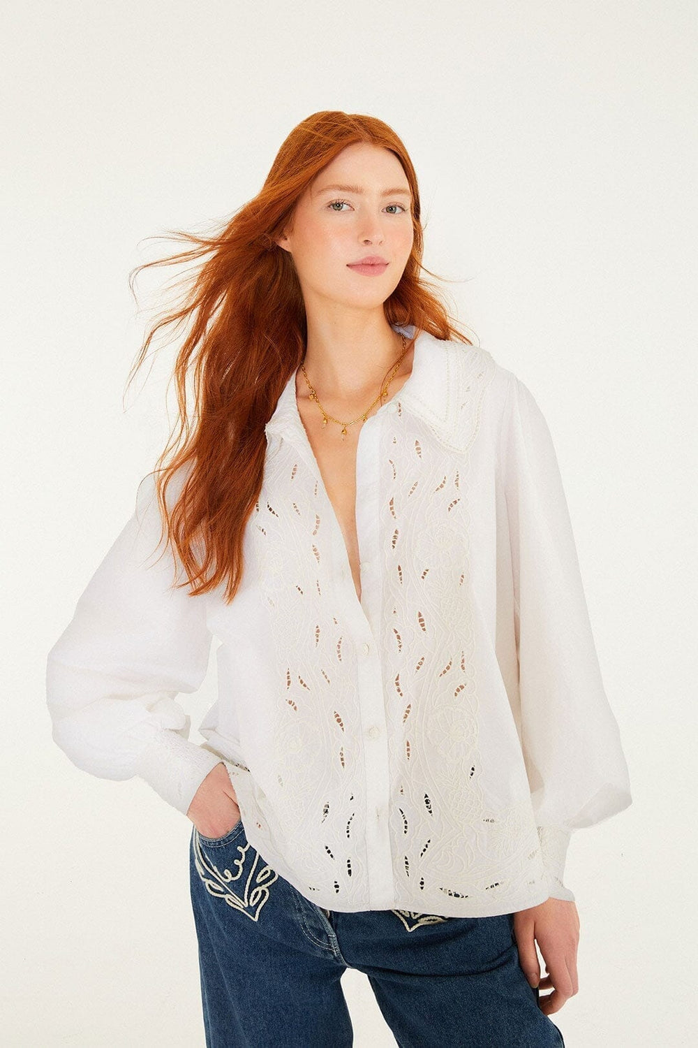 Off-White Embroidered Lace Buttoned Smocked Cuff Shirt