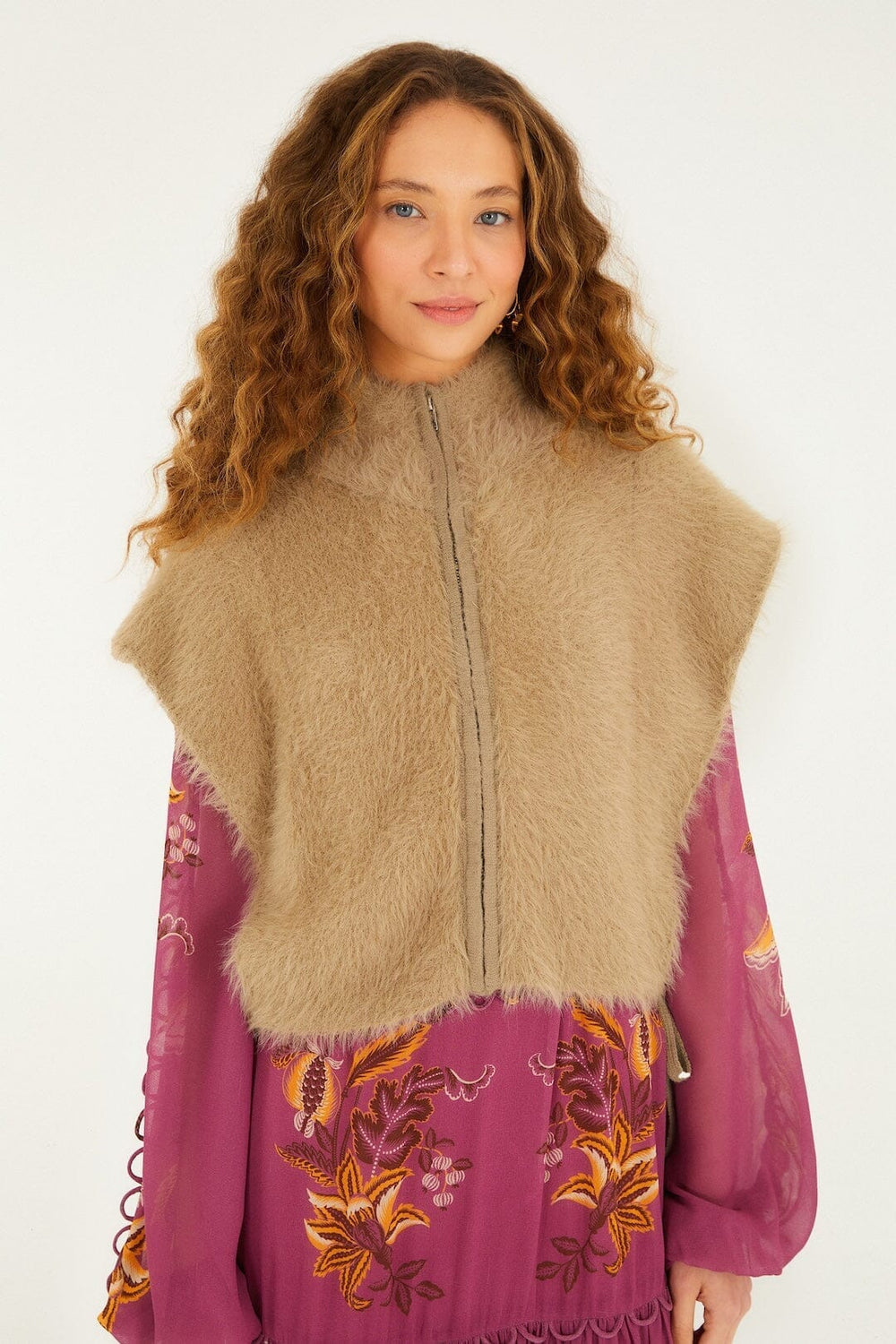 Caramel Front Zipper Sleeveless Fuzzy Vest