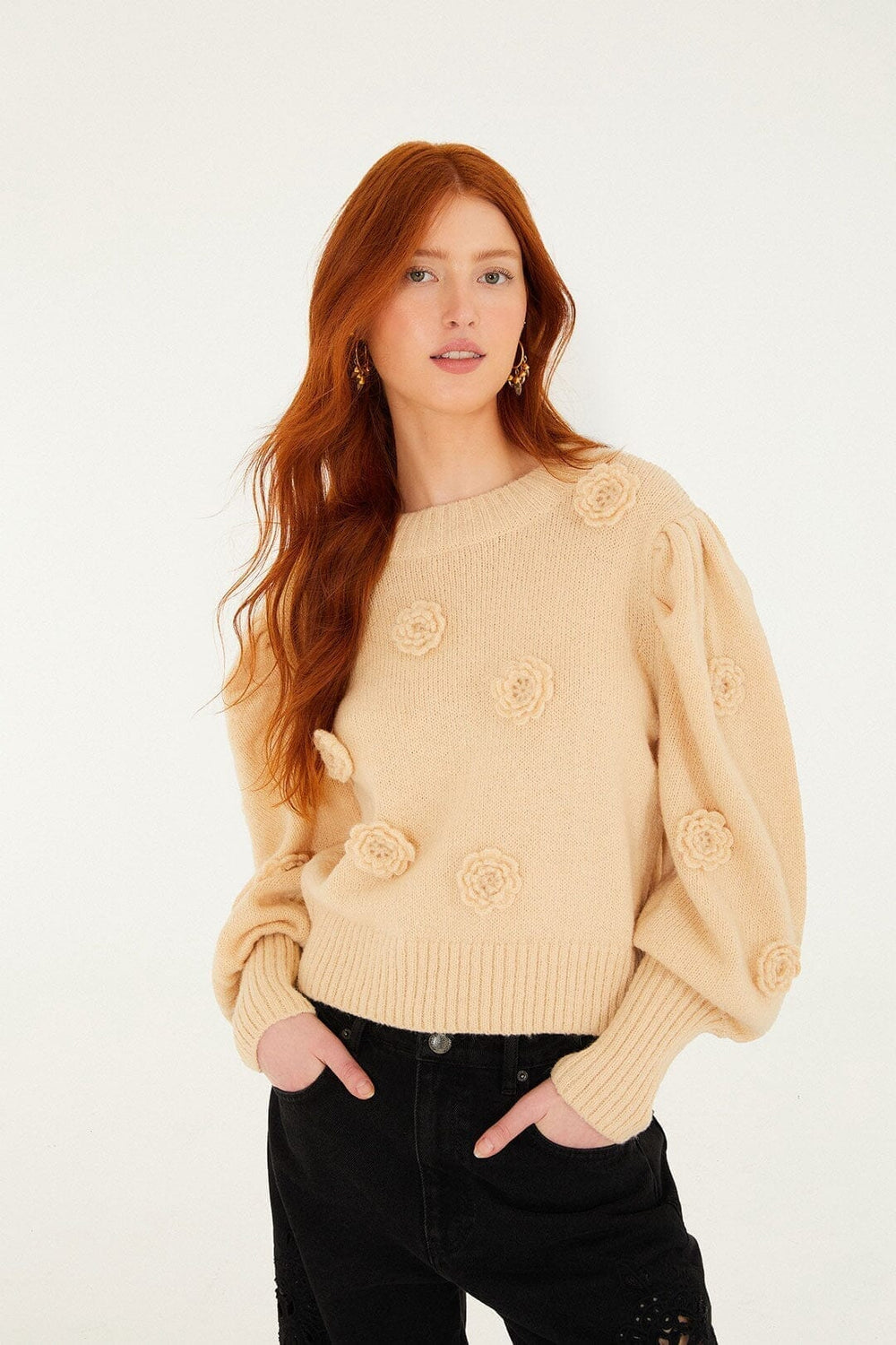 Sand Crochet 3d Flower Dropped Shoulder Knit Sweater