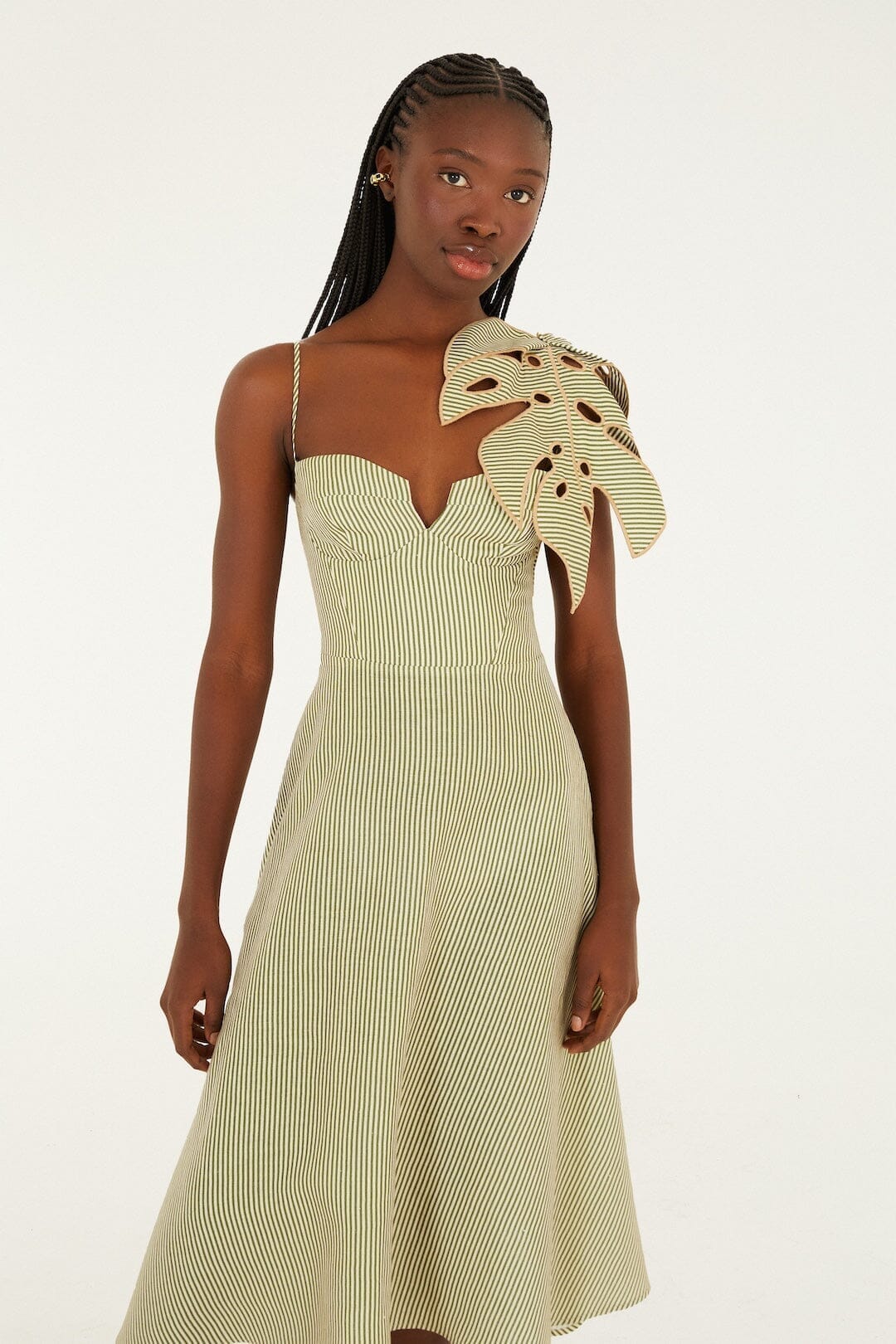 Green Striped 3d Monstera Leaf Euroflax� Premium Linen Midi Dress