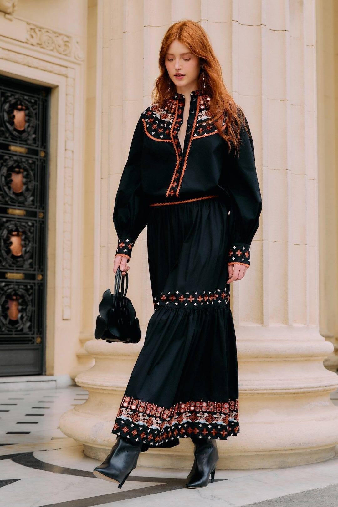 Black Embroidered Tiered Maxi Skirt