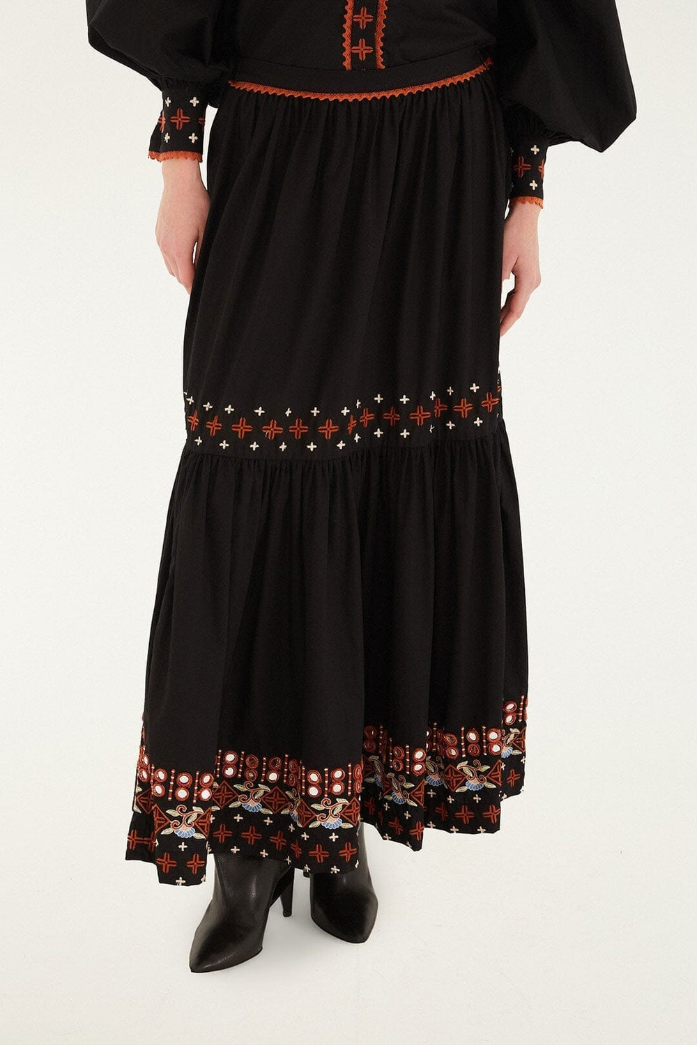 Black Embroidered Tiered Maxi Skirt
