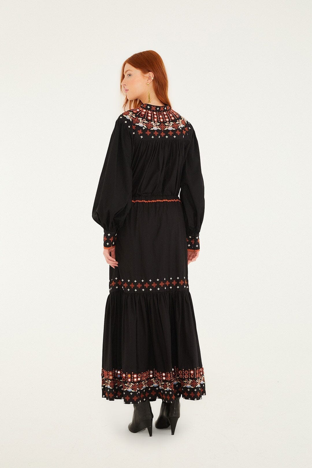 Black Embroidered Tiered Maxi Skirt