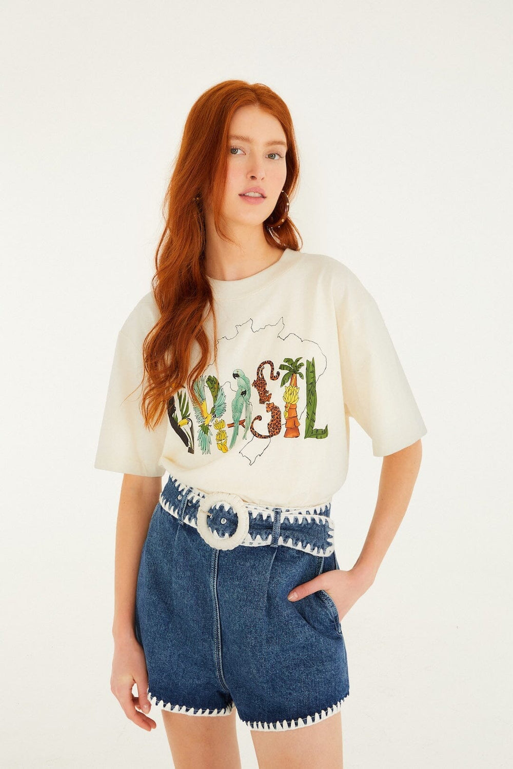 Denim Crochet Embroidery Belted Shorts