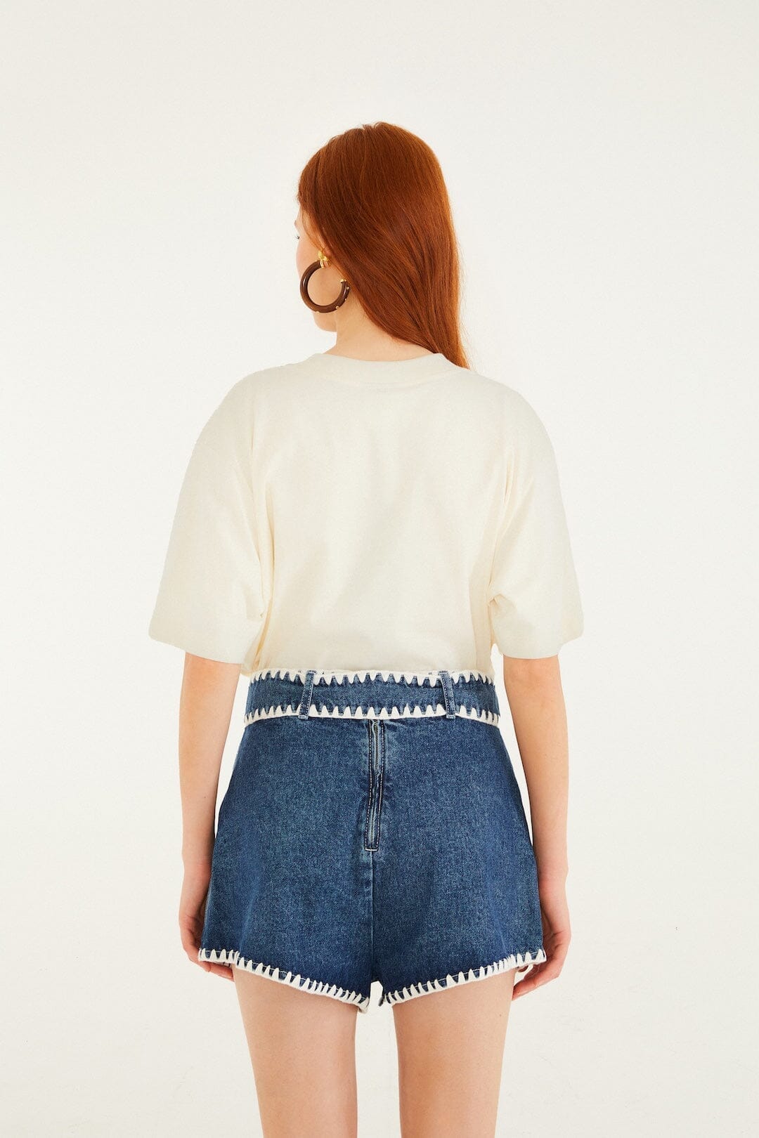 Denim Crochet Embroidery Belted Shorts