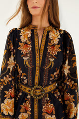 Black Majestic Garden Beaded Buckle Long Sleeve Mini Dress