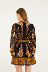 Black Majestic Garden Beaded Buckle Long Sleeve Mini Dress