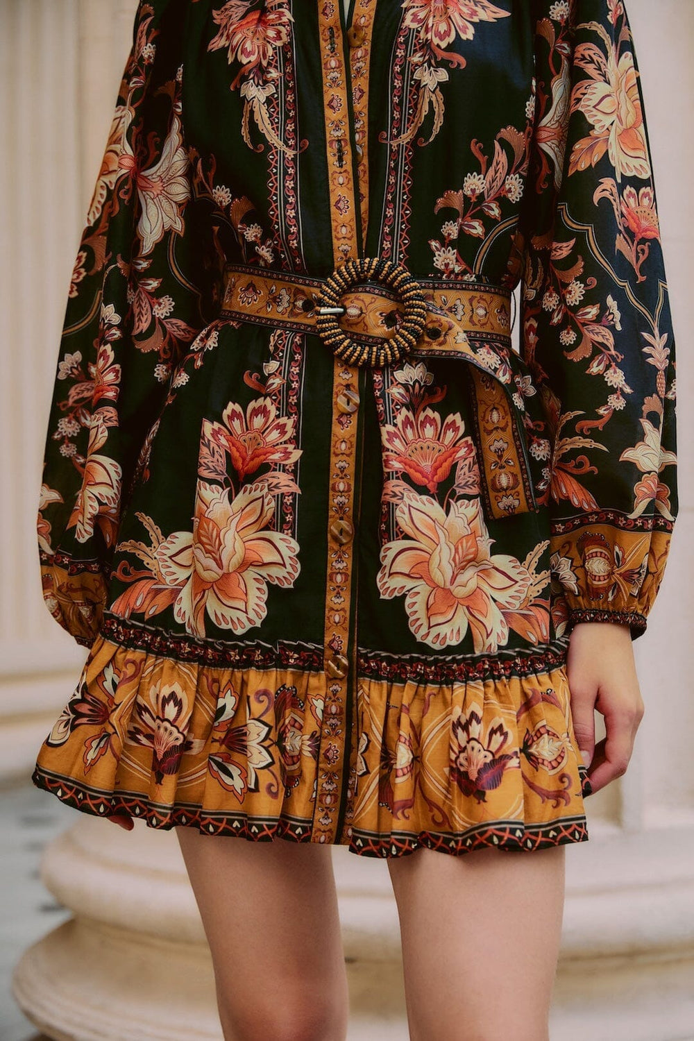 Black Majestic Garden Beaded Buckle Long Sleeve Mini Dress