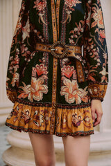 Black Majestic Garden Beaded Buckle Long Sleeve Mini Dress