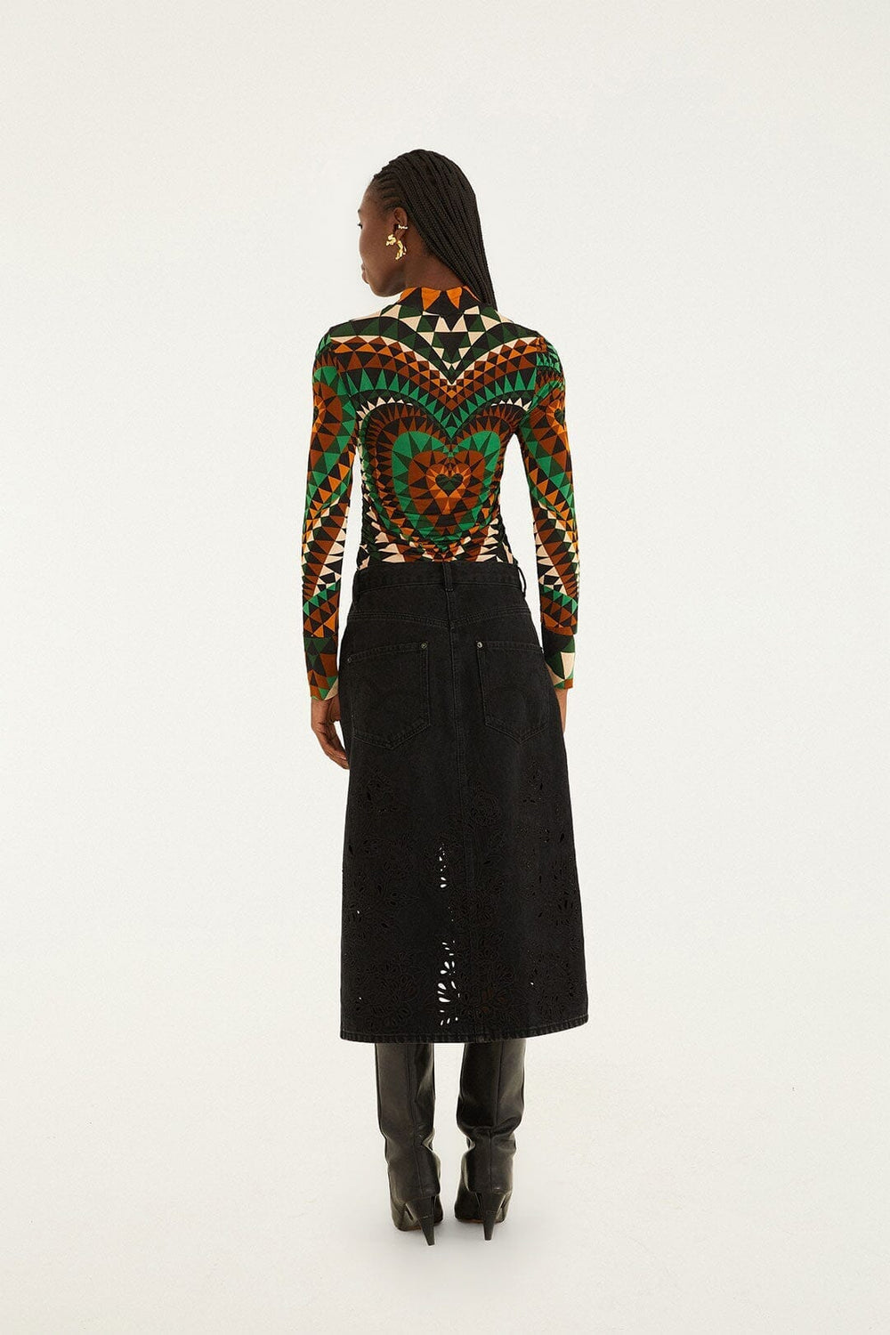 Black Denim Richelieu Front Slit Midi Skirt