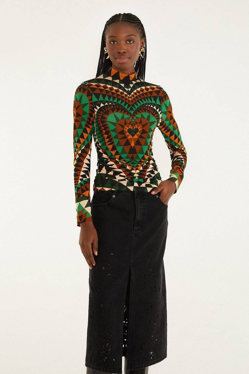 Black Denim Richelieu Front Slit Midi Skirt