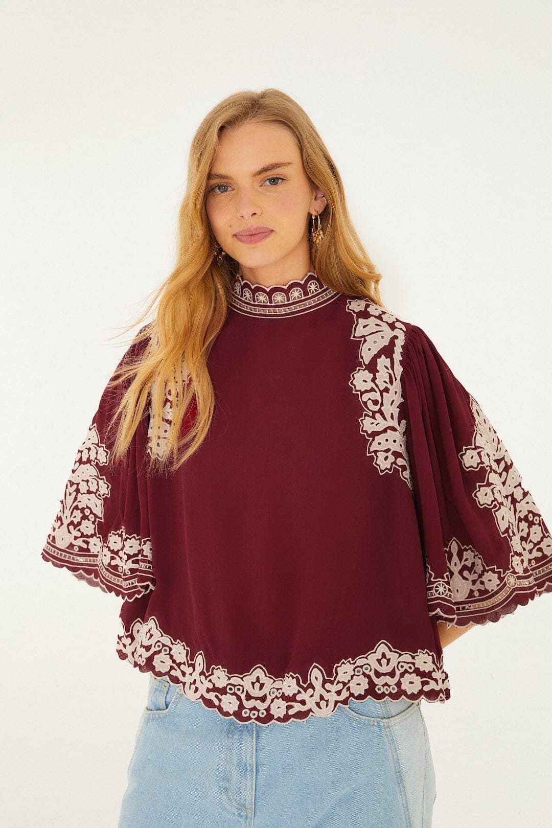 Bicolor Palm Tree Embroidery Blouse