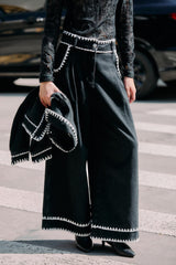 Black Crochet Embroidery Wide-Leg Denim Pants