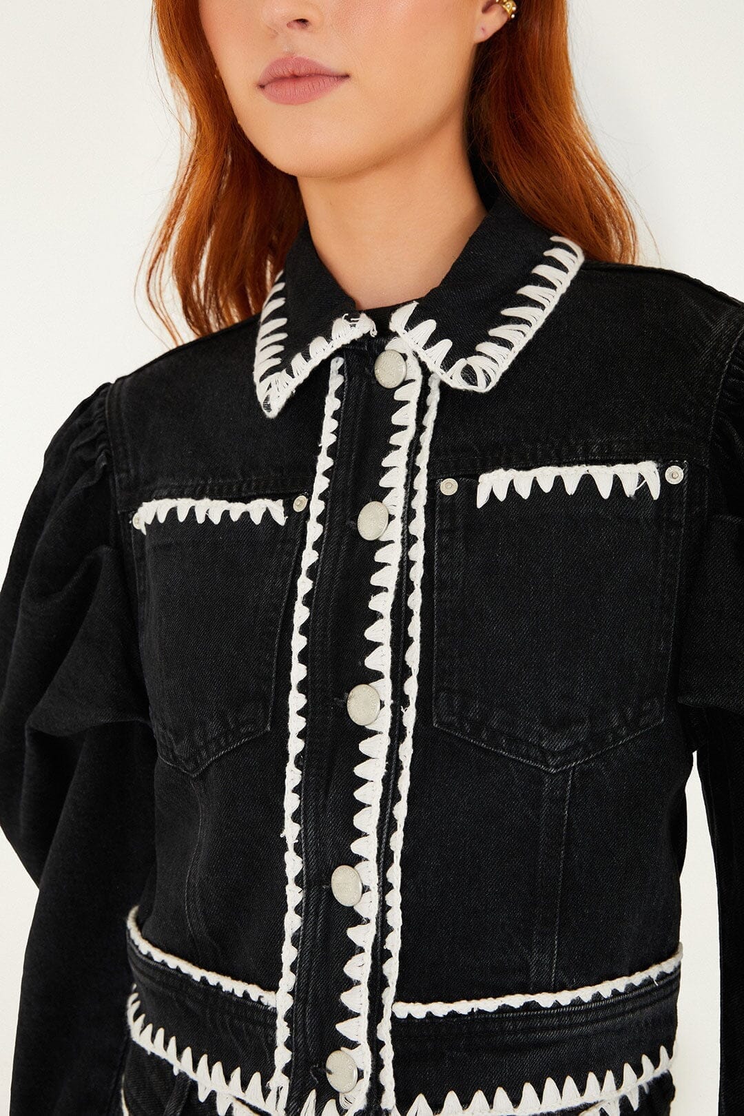Black Romantic Crochet Embroidery Puff Sleeve Denim Jacket