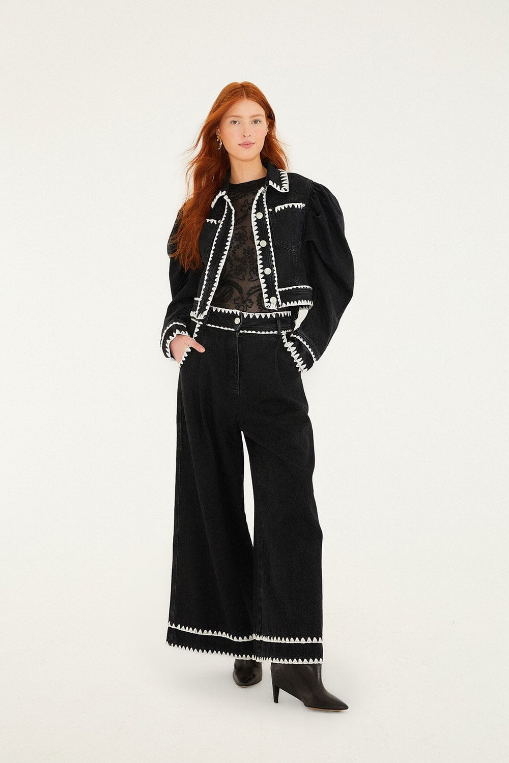 Black Romantic Crochet Embroidery Puff Sleeve Denim Jacket