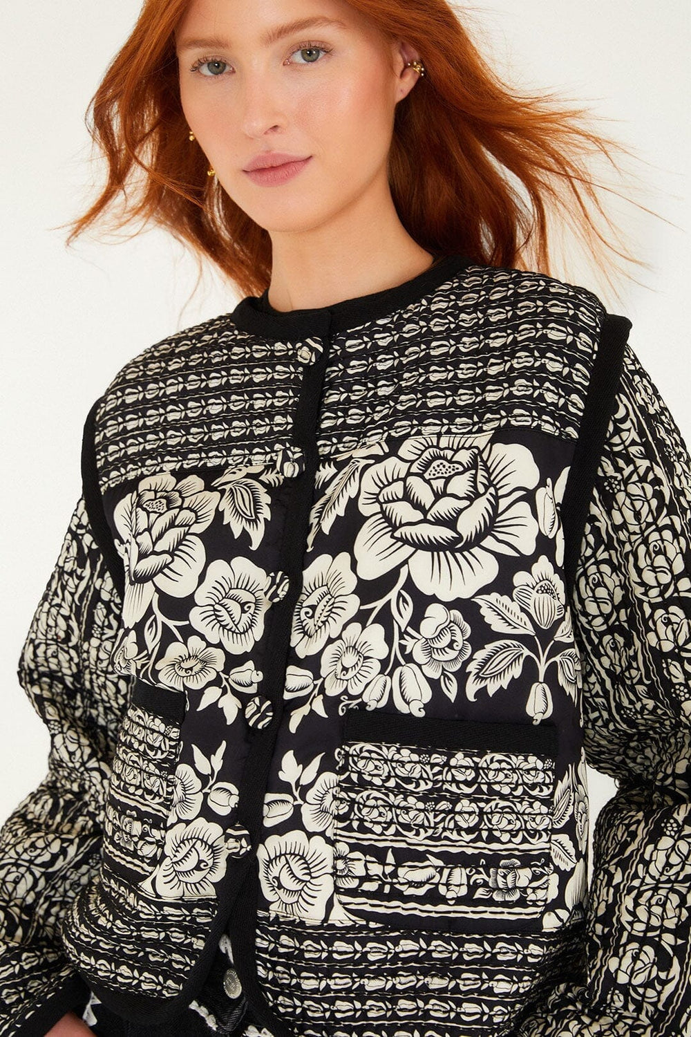 Black Cashews And Birds Seam Padded Jacket