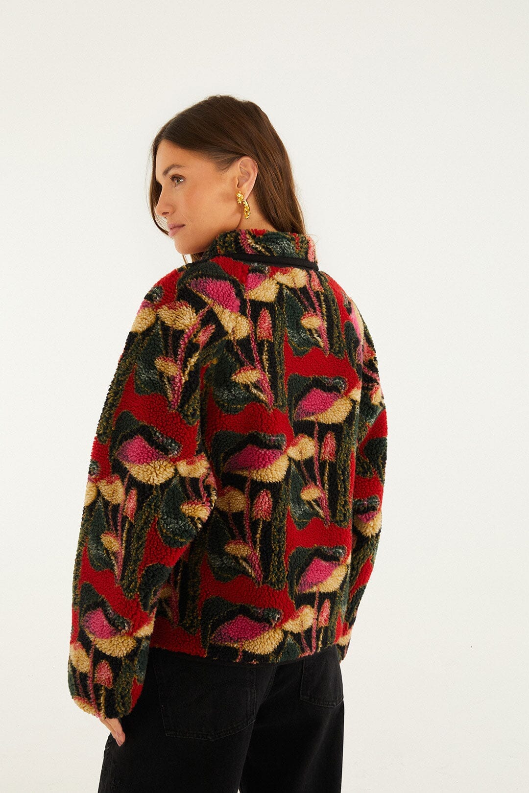 Black Wild Mushrooms Fleece Bomber Jacket