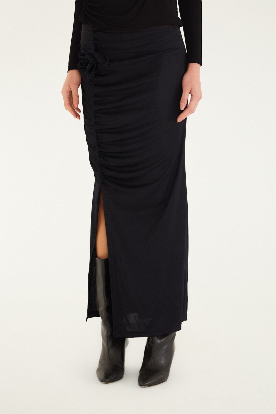 Black Flower Draped Side Slit Midi Skirt