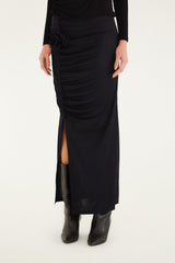 Black Flower Draped Side Slit Midi Skirt