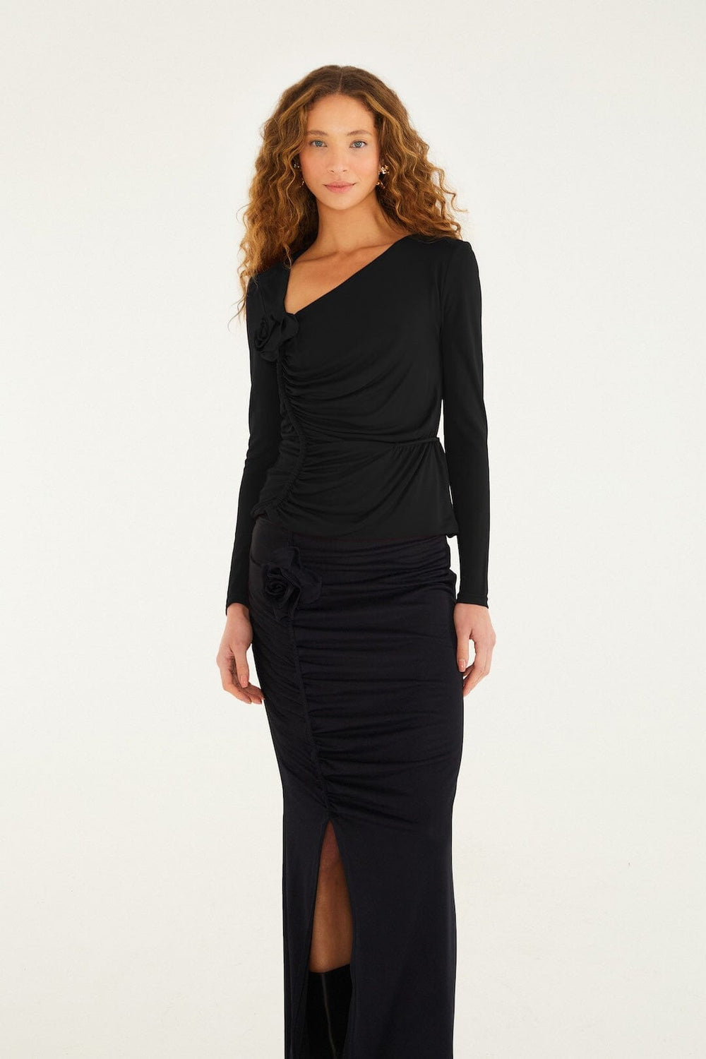 Black Flower Draped Side Slit Midi Skirt