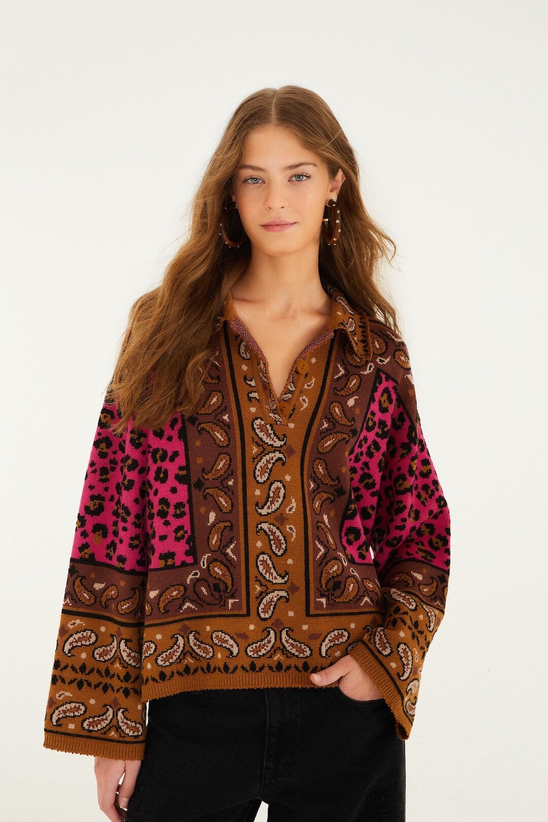 Brown Leopard Scarf Polo Knit Sweater