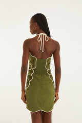 Green Wavy Trim Halter Neck Lenzing™ Ecovero™ Euroflax™ Mini Dress