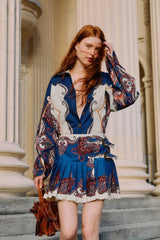 Blue Arabesque Scarf Buckled Pleated Organic Cotton Mini Skirt