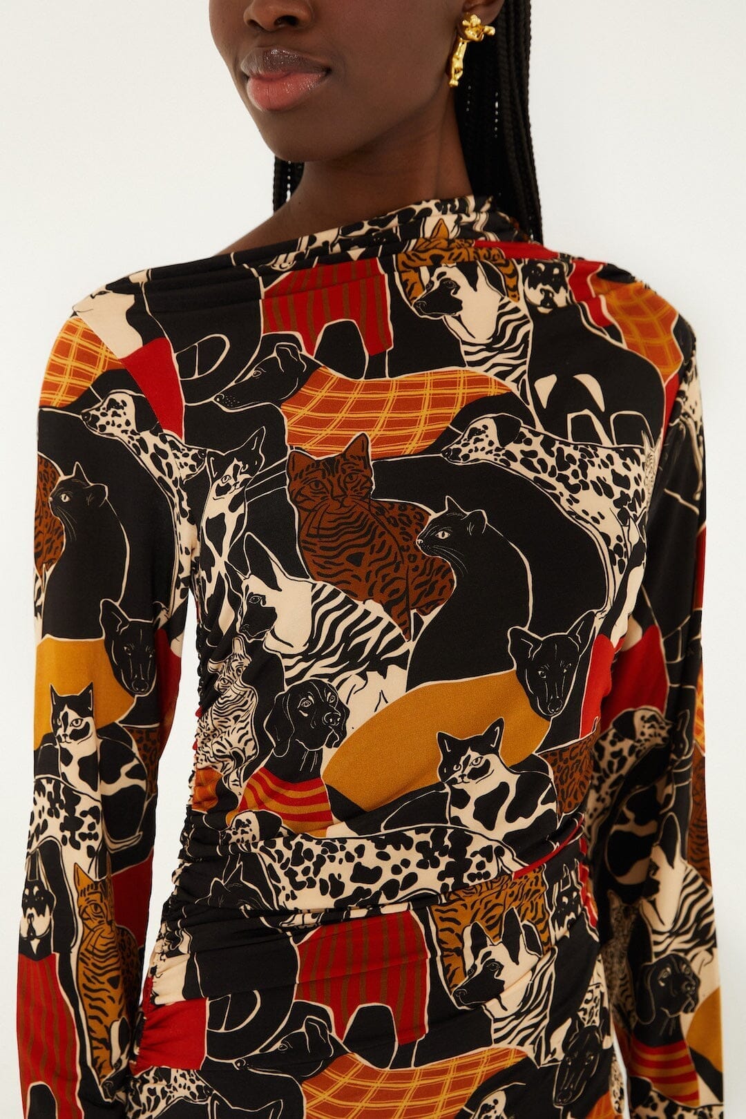 Multicolor Cats And Dogs Long Sleeve Draped Midi Dress