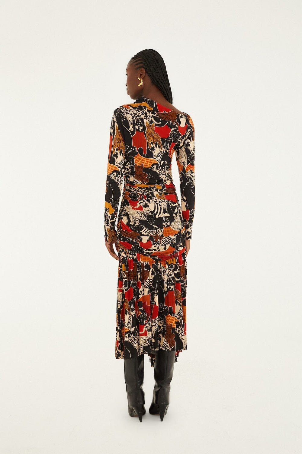 Multicolor Cats And Dogs Long Sleeve Draped Midi Dress