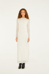 Off-White Embroidered Crew Neck Long Sleeve Maxi Dress