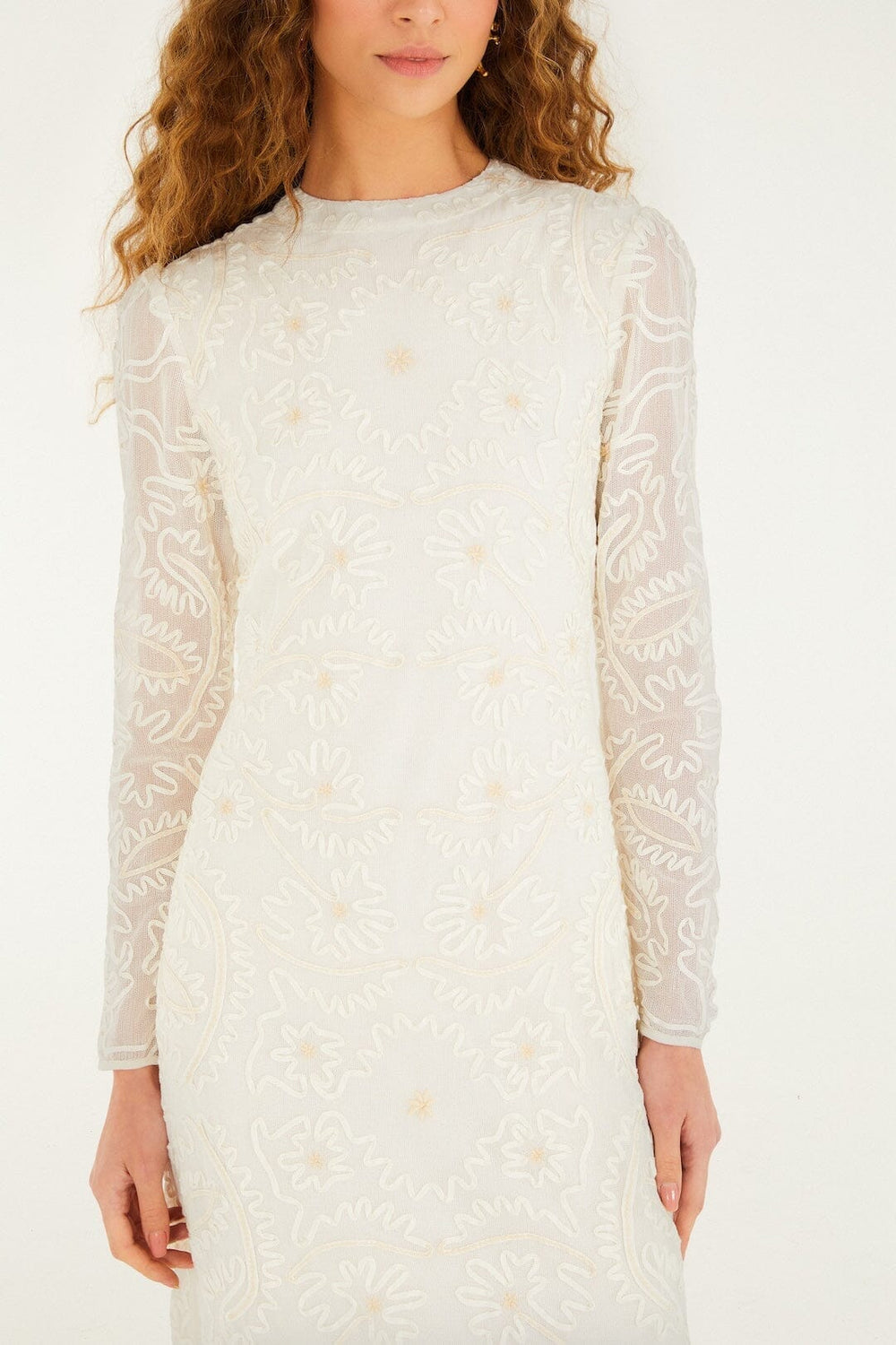 Off-White Embroidered Crew Neck Long Sleeve Maxi Dress