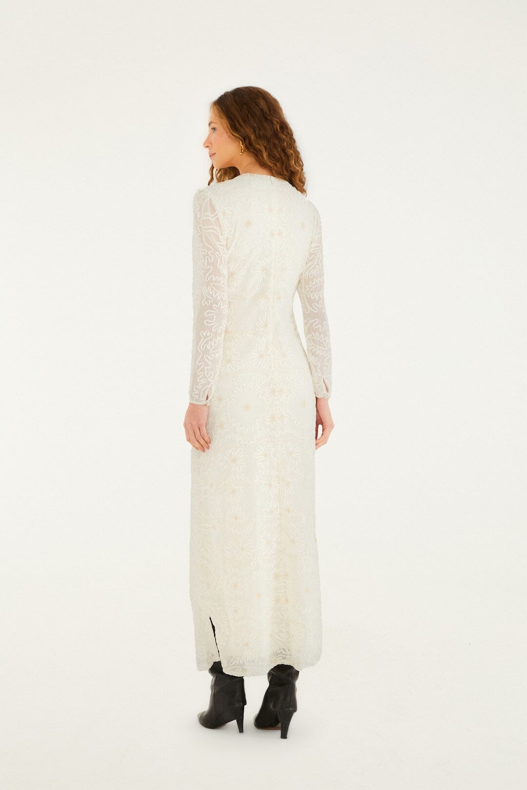 Off-White Embroidered Crew Neck Long Sleeve Maxi Dress