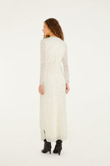 Off-White Embroidered Crew Neck Long Sleeve Maxi Dress