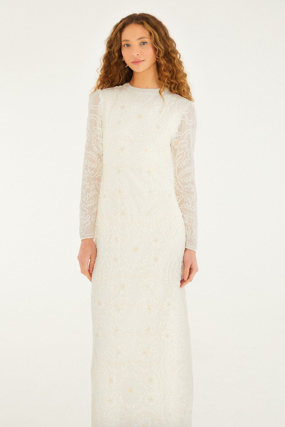 Off-White Embroidered Crew Neck Long Sleeve Maxi Dress