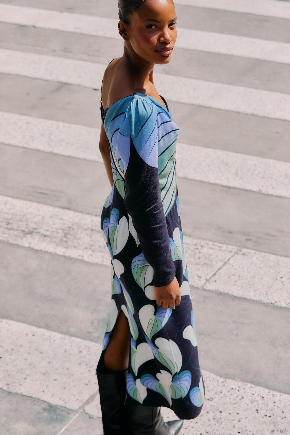 Black Lovely Anthurium One-Shoulder Maxi Dress