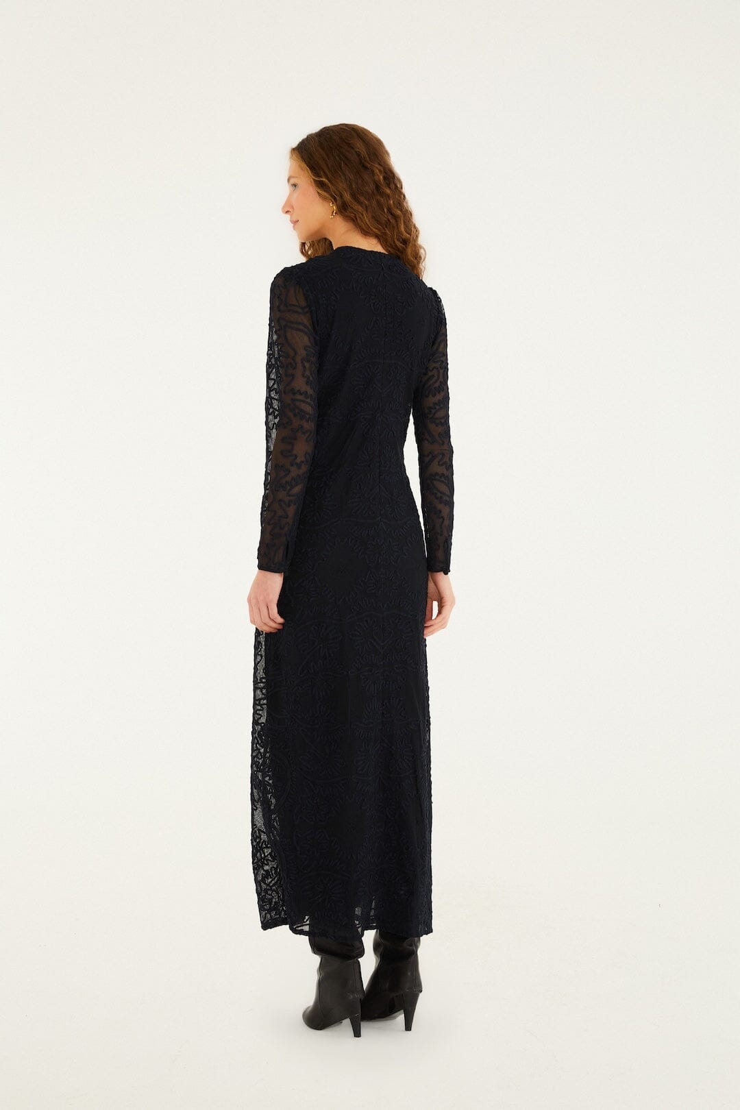 Black Embroidered Sheer Sleeve Maxi Dress