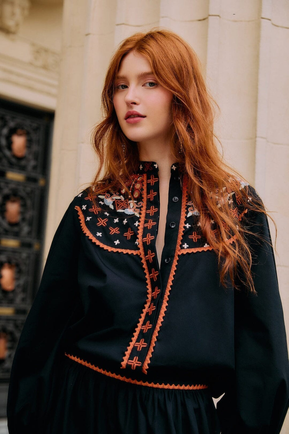 Black Embroidered Buttoned Long Sleeve Shirt