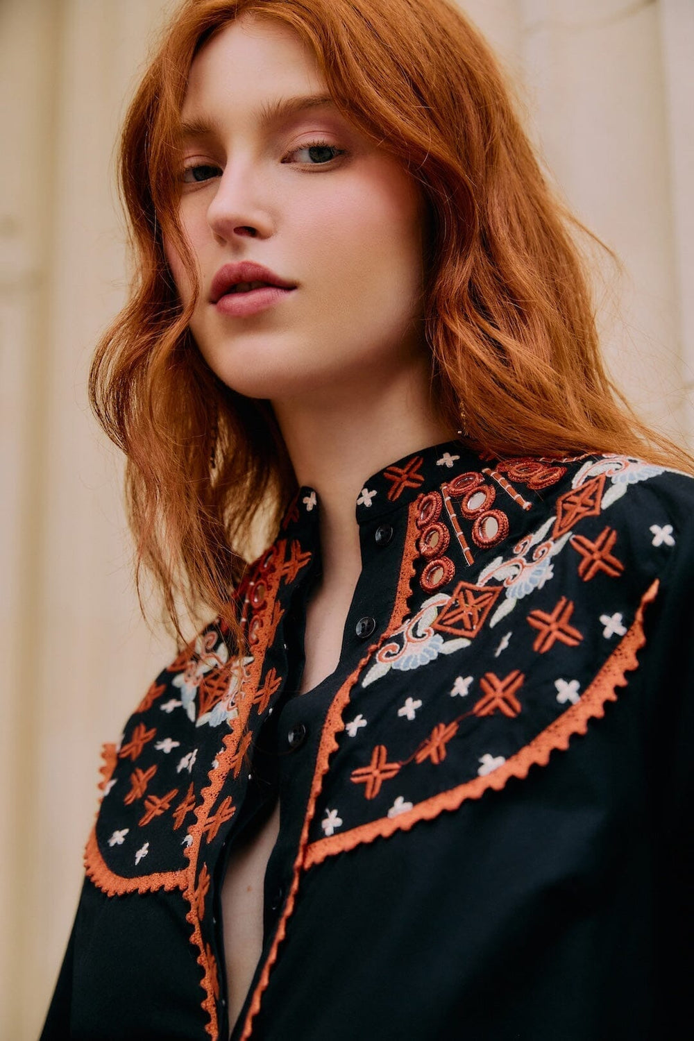 Black Embroidered Buttoned Long Sleeve Shirt