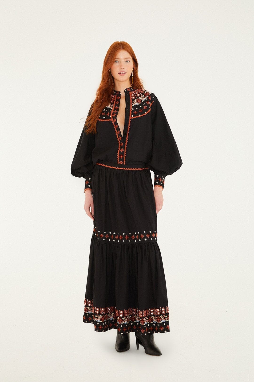 Black Embroidered Buttoned Long Sleeve Shirt