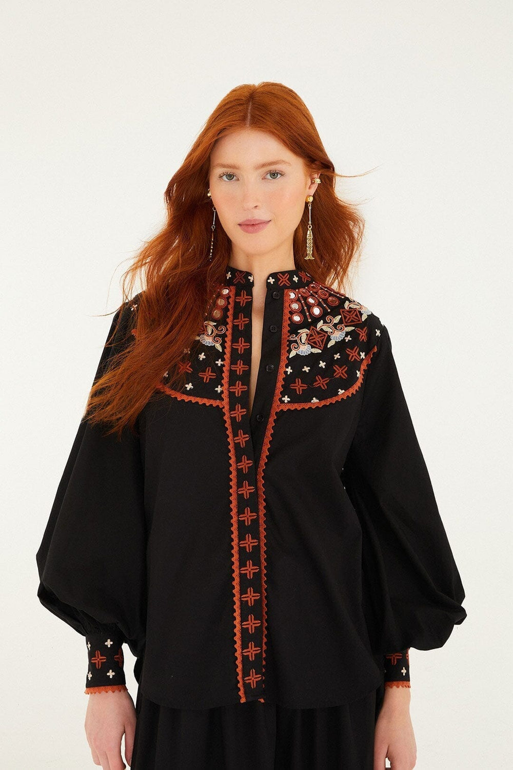 Black Embroidered Buttoned Long Sleeve Shirt