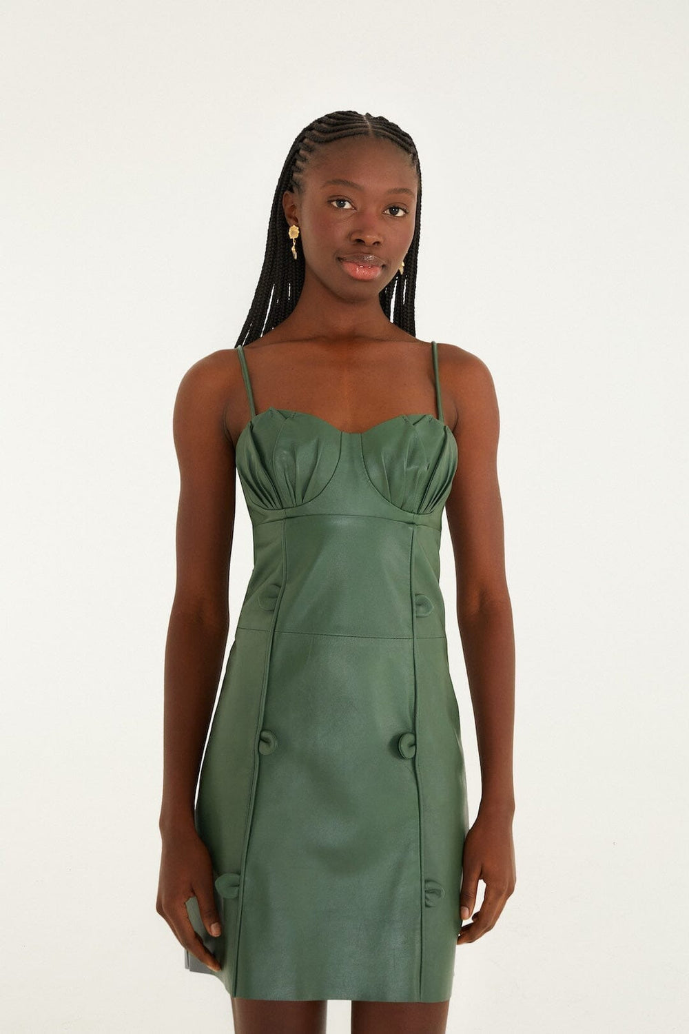 Green 3d Flower Leather Mini Dress