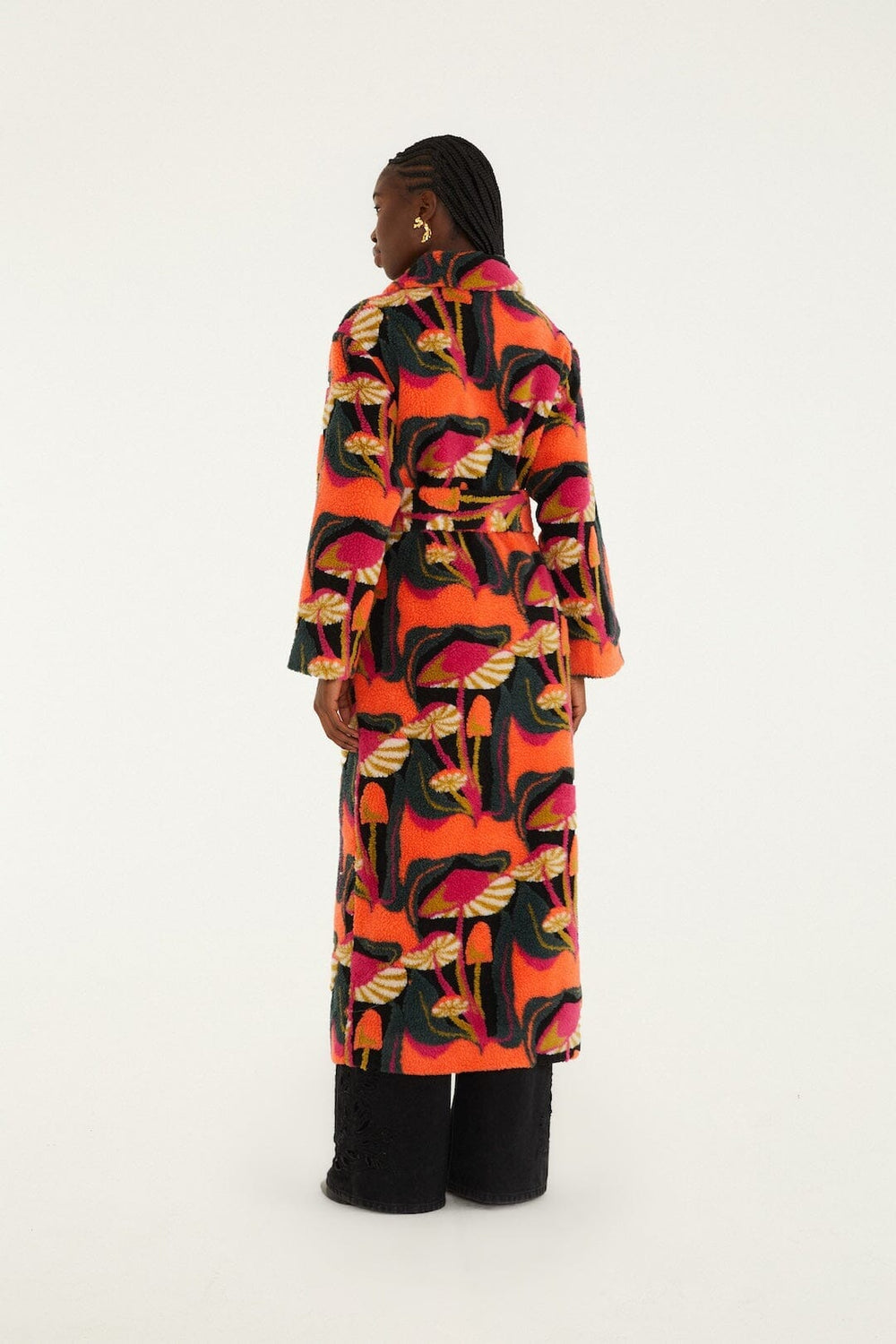 Black Wild Mushrooms Maxi Fleece Coat