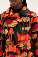 Black Wild Mushrooms Maxi Fleece Coat