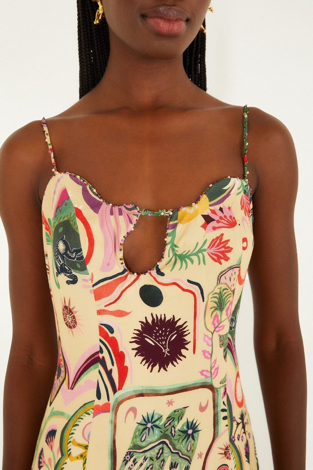 Beige Artsy Surreal Land Beaded Sleeveless Midi Dress